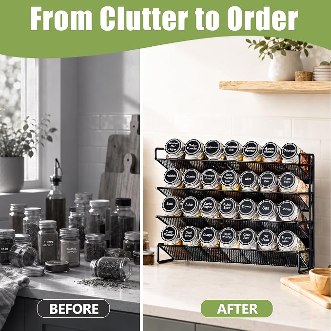 Spice Rack Organizer for Cabinet with 28 Spice Jars, 386 Spice Labels, Magnetic Spice Rack for Refrigerator, Seasoning Organizer for Countertop, Kitchen, Pantry, 13.2" W x 9.8" H, Black - Image 4