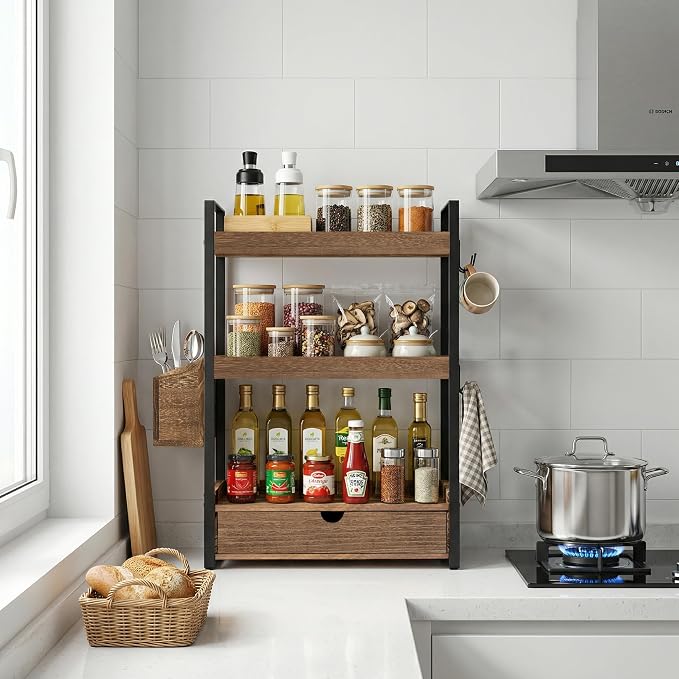 3-Tier Bathroom Counter Organizer with Drawer Basket and Hooks, Wood Bathroom Organizers and Storage for Countertop, Farmhouse Dark Brown Countertop Organizer, Counter Shelf for Vanity, Kitchen,Office - Image 4