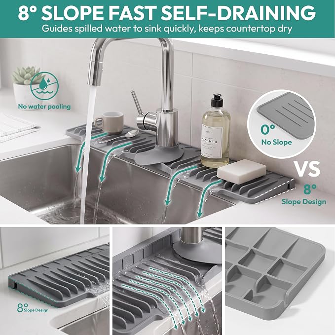 24" Longer Silicone Faucet Mat for Kitchen Sink Splash Guard | 8° Slope Fast Self-Draining, No-Cut Universal Fit Single Faucet Draining Mat, Countertop Protector Kitchen & Bathroom, Grey - Image 5