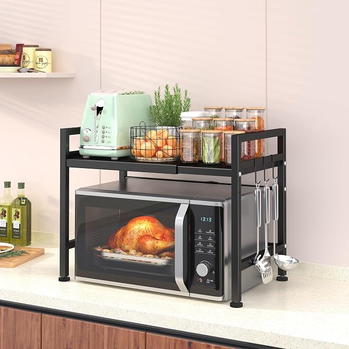 PUSDON Textured Black Microwave Oven Rack, Expandable 2-Tier Kitchen Countertop Organizer, Heavy Duty Carbon Steel Stand with 3 Hooks, Adjustable Height & Length - Image 6
