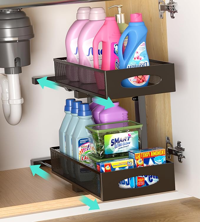 Under Sink Organizer, 1-Pack of 2-Tier Metal Slide Out Pull Out Cabinet Organizer Shelf, Height Adjustable Organization and Storage Series, Bathroom/Desktop/Cabinet/Kitchen organization, Black by Beleeb