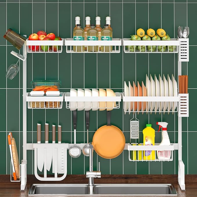 PUSDON Over Sink Dish Drying Rack Stainless Steel, Adjustable Large Dish Drainer for Storage Kitchen Organization White 3 Tier - Standard(34"-46") by PUSDON