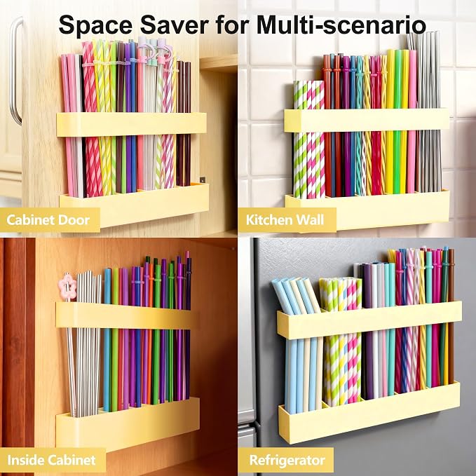 9.5” Large Acrylic Straw Holder for Cabinet Door, Adjustable Two-Part | Reusable Straws Organizer with Ultra Sticky Adhesive Strips, 2026 Straw Storage for Kitchen Cupboard (Milky Yellow) - Image 4