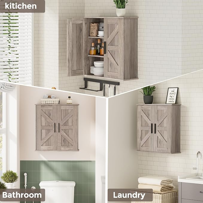 Homleke Bathroom Wall Cabinet, Medicine Cabinet with Adjustable Shelves | 3-Tier Wall Mounted Over Toilet Storage with Barn Doors, for Bathroom, Kitchen, Entryway, Laundry Room, Greige, (7.9" D) - Image 6