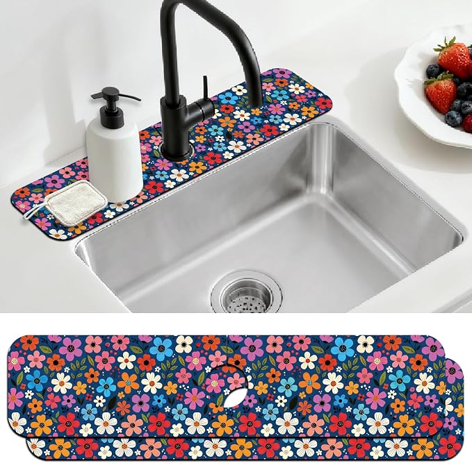 2 Pcs Floral Print Kitchen Sink Splash Guard Faucet Mat Plants Floral patterns Faucet Mat for Sinks Absorbing Drying Mats for Kitchen Bathroom, 23.6x5.5inch by CONCHLERY%E6%97%97%E8%88%B0%E5%BA%97