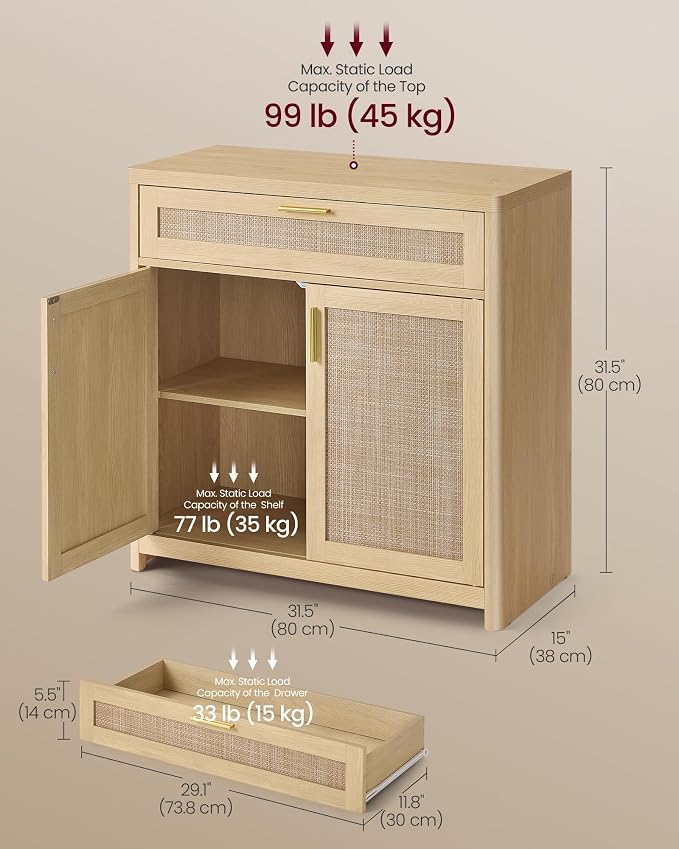 VASAGLE ELLAN Collection - Boho Buffet Cabinets with Rattan-Look Doors, Sideboard Storage Cabinet, Rounded Corners, Adjustable Shelf, Drawer, for Dining Room, Set of 2, Oak Beige UBBK601YC01-2J - Image 3