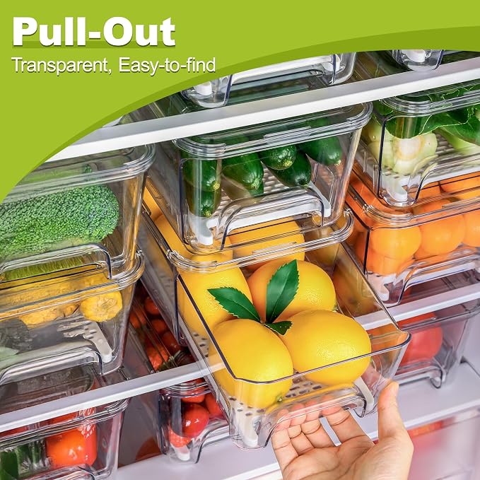 Fruit Storage Container for Fridge with Pull-Out Drawer, Drain Layer | 3 Pack, Keeps Fruits and Vegetables Fresh & Dry, Stackable Design, Clear View, Helps Reduce Odors, with Anti-Slip Base - Image 3