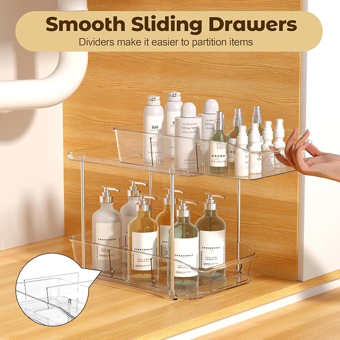 Incostar 2 Tier Pull-Out Organizer for Bathroom Kitchen, Under Sink Storage with Dividers, Ideal for Cabinet, Cupboard Organization, Slide-Out Clear Storage, 2 Pack - Image 4