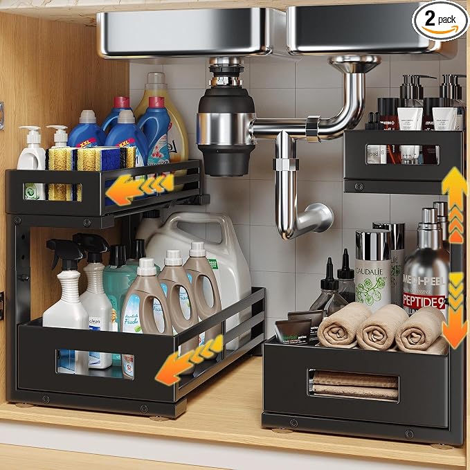 2-Pack Under Sink Organizer and Storage,2-Tier L Shape Pull Out Cabinet Organizer With Round Tube Slide Rails,Hight Adjustable Slide Out Drawers for Kitchen&Bathroom,Multi-Purpose Shelf-Black by UnderSinkOrganizer