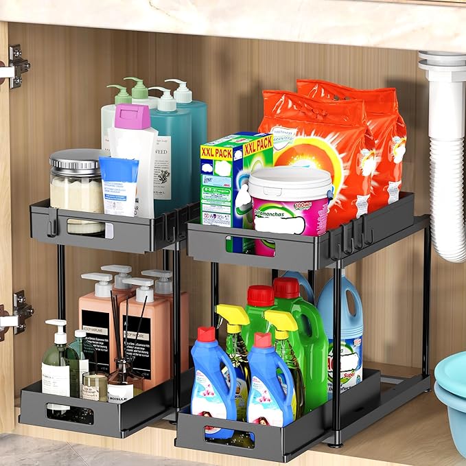 2 Pack Under Sink Organizer with Double Pull-Out Drawer, Black | 2-Tier Cabinet Storage, Kitchen & Bathroom, Tool-Free Assembly, Fits Cleaning Supplies & Toiletries, Space Saving by FJFEOIYE