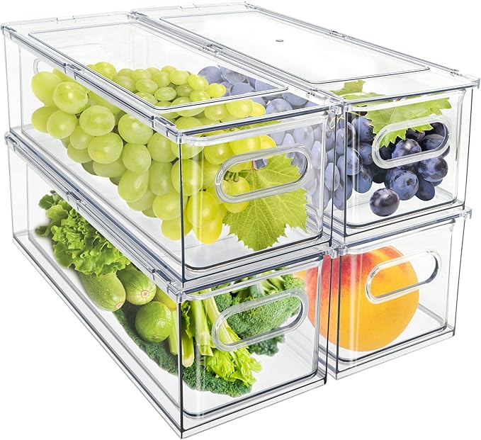 MANO Fridge Drawer Pull Out Stackable Bins with Handle Clear Refrigerator Drawers Organizer Food Storage Container Box Plastic Produce Saver for Pantry, Cabinet, Kitchen, Clothes（4Pack） by MANO