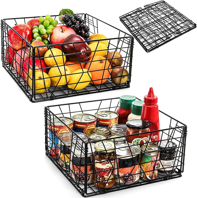 TOPZEA 2 Pack Black Metal Food Storage Basket for Pantry Organization, Foldable Wire Cabinet Organizers with Handle, Canned Goods Snack Baskets Freezer Bins for Organizing Kitchen, Bathroom, Garage by TOPZEA