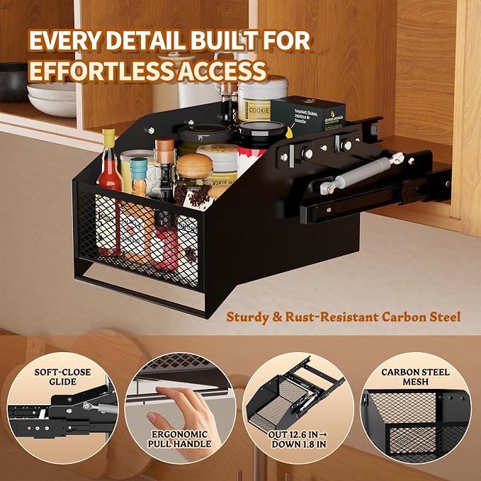 HOUSE AGAIN Pull-Down Cabinet Organizer for High/Deep Cabinets, Drop Down Spice Rack, 12.6" Out & 1.8" Down, 1 Tier, Dual Install (Screw/3M Tape), Fits Frameless, for Spices, Snacks and Small Bottles - Image 7