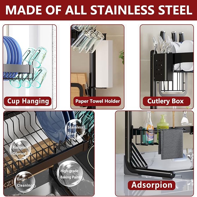 VNKZI Over Sink Dish Drying Rack, 2 Tier Full Stainless Steel Storage Adjustable Length (25.98'' to 36.61'') Kitchen Rack, Multifunctional Expandable Counter Organizer, Space Saver Dish Rack - Image 3