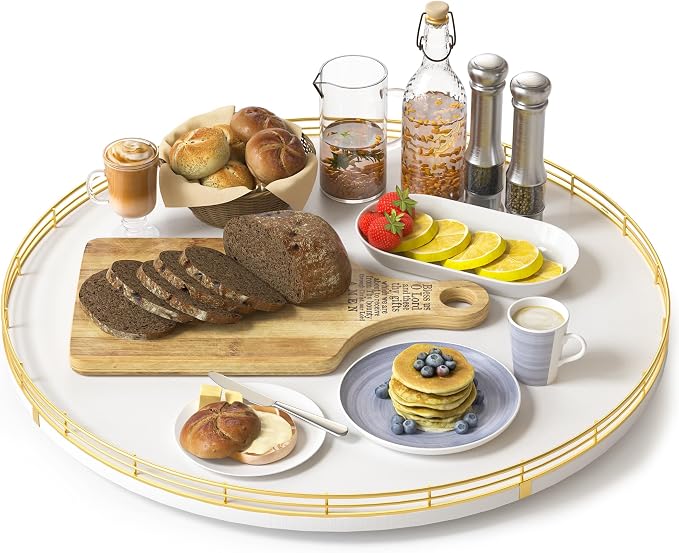 Oroyutor 18-Inch Large Oak Lazy Susan Organizer, Gold and White | Oak wood base, smooth 360-degree rotation and gold-and-white design for dining tables, kitchen counters and spice storage. by Oroyutor
