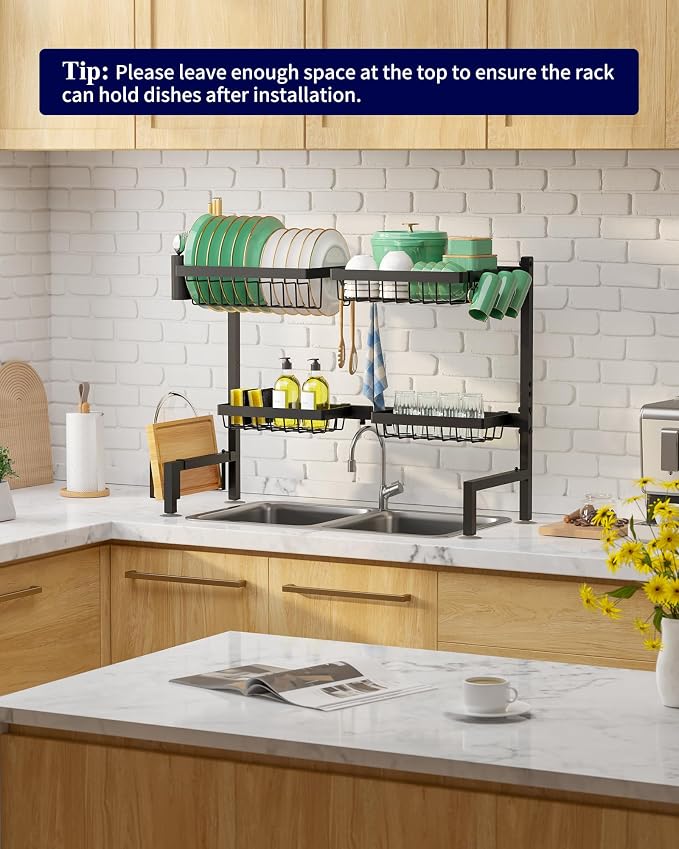 Kitsure Adjustable Over The Sink Dish Drying Rack, 26.8" -33.9"x21.5" | Sink Drying Rack for Kitchen Sink, Dish Rack Over Sink with Cutlery & Utensil Holders, Kitchen Storage, Black - Image 9