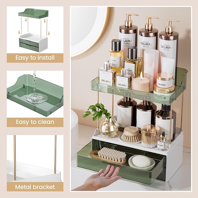 Delamu 4-Tier Makeup Organizer, Bathroom Counter Storage, 2 Drawers,Green | Elegant Vanity Organizer Gift for Women, Holds Perfume, Skincare, Nail Polish & Hair Accessories for Bathroom Countertop - Image 6