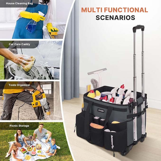 JKAOO Large Rolling Cleaning Caddy Bag with Detachable Trolley, Gray | Waterproof Cleaning Caddy with Wheels, 40L Wheeled Organizer Cart for Supplies, Housekeepers, Home, Office, Car, Picnic - Image 7