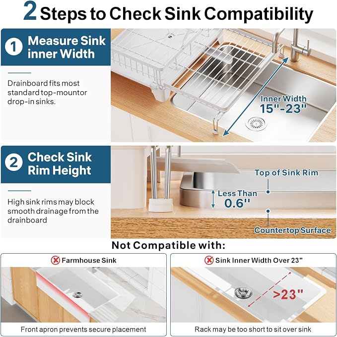Large Expandable 2 Tier Dish Drying Rack - Over Sink & Counter Use | Extendable Drying Space, Auto-Drain Spout, Stable Screw-Fixed Frame, Cup & Utensil Holder, Rust-Resistant Kitchen Rack, White - Image 8