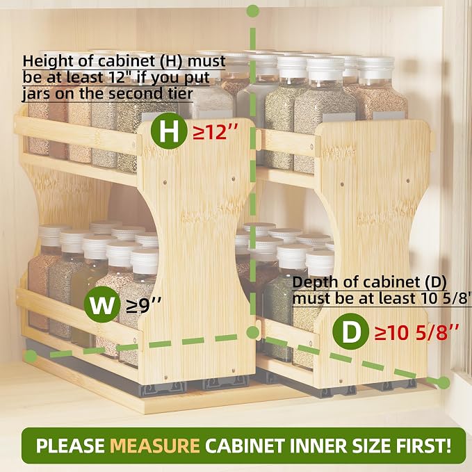BAMEOS Pull Out Spice Rack Organizer for Cabinet, Bamboo Wide 9" Slide Out Seasoning Organizer for Kitchen, No Drill Anti-Tip Ball Bearing Silent Glides, Pantry Cabinet Organizer, Natural - Image 3