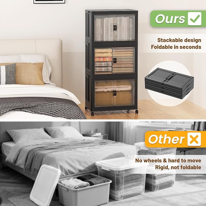 SAILUN 195Qt Stackable Storage Bins,Storage Cabinet with a Lid,3 Pack Black | Stackable Storage Drawers with Lids,22" W x 13" D x 38" H,Featuring open-front Access for Clothes and Closet Storage - Image 2