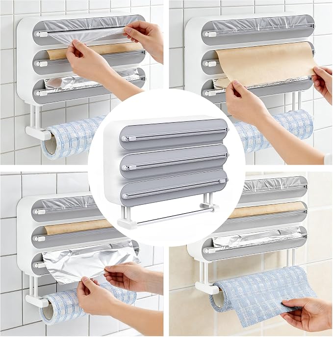 Kitchen Wrap Organizer Wall Mount — Plastic Wrap, Aluminum Foil, Parchment Paper & Paper Towel Holder, 4-in-1 Magnetic Cabinet Organizer, Space Saving ABS Kitchen Storage - Image 2