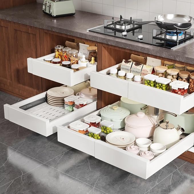 Seinloes Pull Out Cabinet Organizer,4-Side Expandable to Maximize Cabinet Space,Slide Out Drawers with 3 Rail Design,Roll Out Shelf with Raising Pad for Framed Cabinet,13"-21"W x 17"-24"D,White,4 Pack - Image 8