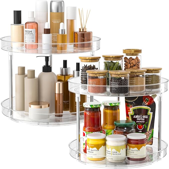 2 Pack 2 Tier Lazy Susan Turntable Organizer, Clear Rotating Lazy Susan | 360 Degree Rotating Spice Rack for Cabinet, Makeup and Perfume Organizer for Vanity, Counter Organizer Tray for Bathroom by SlowSLog