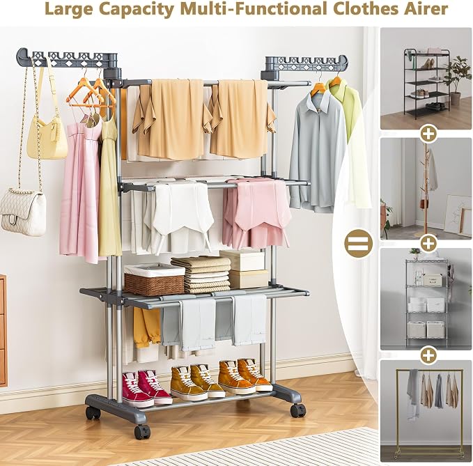 Upgraded 4-Tier Clothes Drying Rack, Drying Rack Clothing with Wheels | Large Foldable Laundry Drying Rack, Clothes Rack with Side Hooks for Indoor Outdoor Air Drying, 19.68"D x 29.9"W x 67.7"H - Image 3
