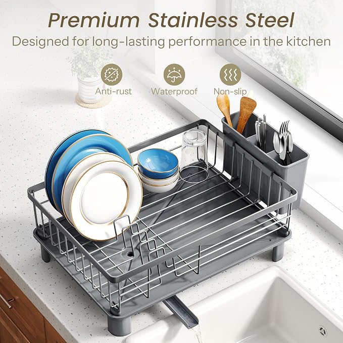 SNTD Dish Drying Rack for Small Kitchen Counter, 11" W x 15" L, Grey | Space Saving, Rotating Spout & Angled Drainboard for Quick Drainage, Stainless Steel, Removable Utensil Holder - Image 5