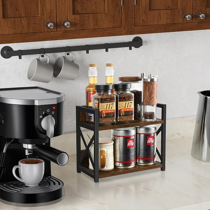YINMIT Countertop Shelf Organizer,Coffee Bar Accessories,Spice Rack,Coffee Counter Shelf,2 Tier Coffee Organizer Station for Mugs,Cups,Cream,Syrup(Rustic Brown, Small) - Image 2