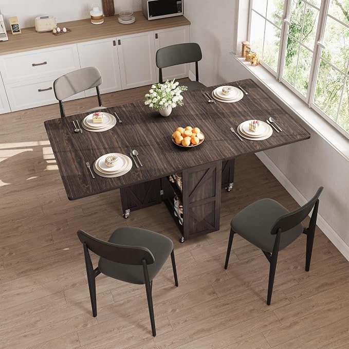 Space Saving Folding Dining Table for 2-4, Farmhouse Foldable Dining Table with Drawer and Storage Shelf, 6 Wheels Drop Leaf Kitchen Dining Room Table for Small Space (Walnut 47.2" x 23.6" x 29.5") - Image 6