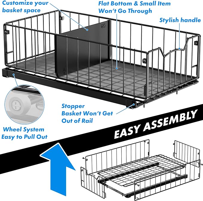 Simple Houseware Pull-Out Cabinet Sliding Basket, 17.2Dx9.7Wx5H, Black | Ideal for Kitchen and Bathroom Cabinet Storage Organizer, Under Sink or Pantry Organization - Image 6