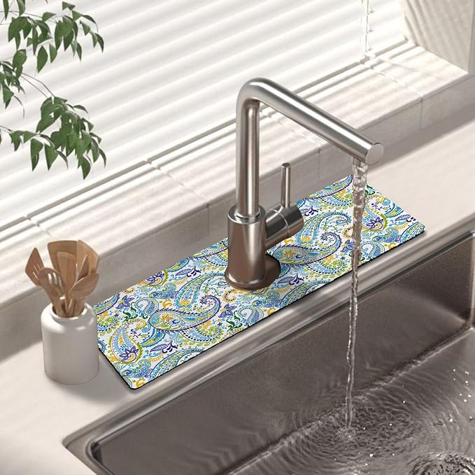 Kitchen Sink Splash Guard Faucet Mat 15" X 5.5" Paisley Absorbent Fast Drying Mat Faucet Draining Mat Sink Splash Guard Behind Faucet Drip Catcher for Kitchen Bathroom by Unknown