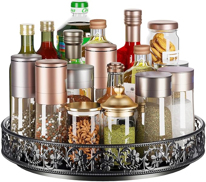 13 inch Lazy Susan Turntable Organizer, Black | Large Rotating Spice Rack, For Dining Table Top, Cabinet Countertop Pantry, Kitchen Cupboard Bathroom by HISKIWUU