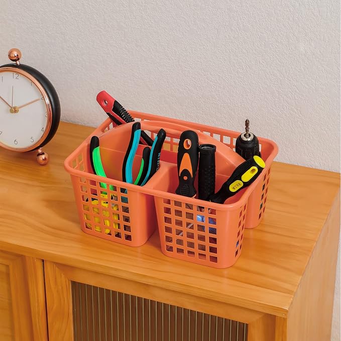 Portable Shower Caddy Basket Plastic Storage Basket with Compartment Orange | Sturdy Large Capacity Cleaning Supplies Organizer Divided Tool Bin for Bathroom Kitchen Bedroom College Dorm Essentials - Image 3