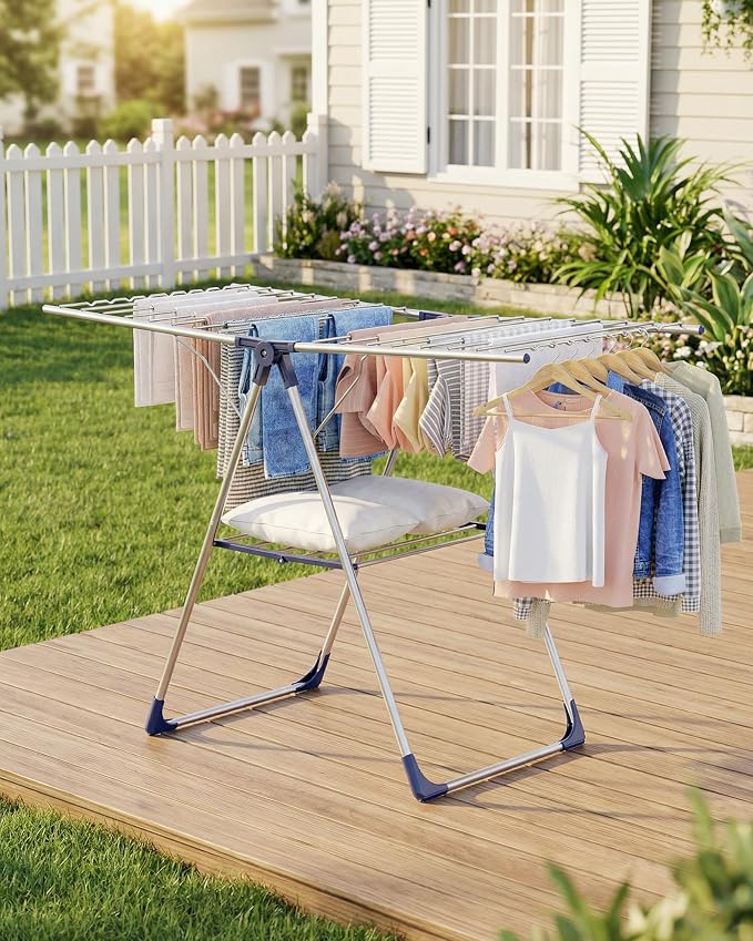Sakugi Clothes Drying Rack, 55.5" Adjustable Wings, Foldable Design | Laundry Room, Bedroom, Outdoor & Indoor Use, Height Adjustable, Collapsible, Silver Blue, 55.5" L × 22.8" W - Image 9