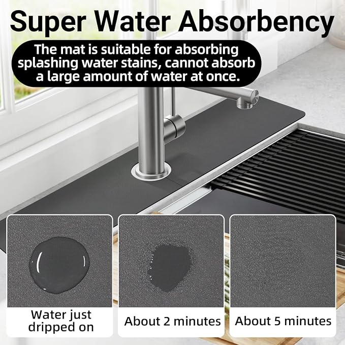 LOPNUR Cuttable Faucet Mat for Kitchen Sink, Long 24x5.5 Inch, Dark Grey | Super Absorbent & Fast Dry Diatomite Sink Splash Guard, 0.8-2.4 Inch Adjustable Faucet Hole, Cut to Fit Bathroom & RV Sinks - Image 5