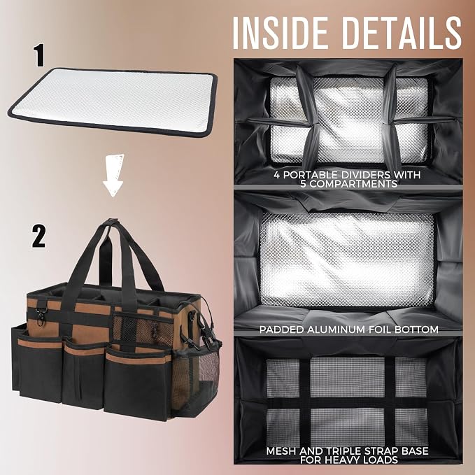 SCAVATA Wearable Cleaning Caddy, Cleaning Caddy Supplies Organizer with Handle & Shoulder Straps for Housekeepers, Under Sink & Car Cleaning Tool Organizers Bag with 4 Foldable Divider (Brown) - Image 4