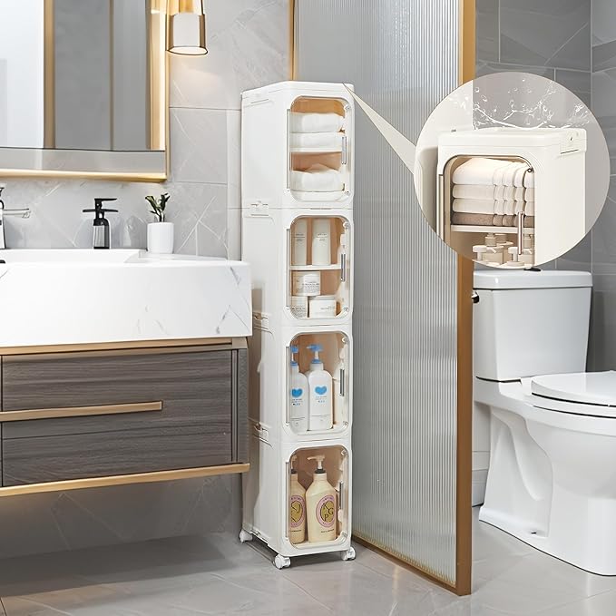 5-Tier Narrow Storage Cabinet Slim Bathroom Tall Skinny Organizer，Beige | Foldable Storage Cabinet with Lockable Rolling Wheels Magnetic Clear Door Adjustable Detachable Shelves For Narrow Space - Image 3
