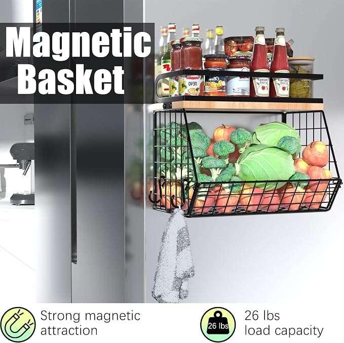 home Magnetic Shelf for Fridge with Wood Lid, Large Container Magnetic Spice Rack for Refrigerator,Fruit Potato and Onion Storage Bins, Pantry Organizers & Storage, Kitchen Counter, Cabinet - Image 2