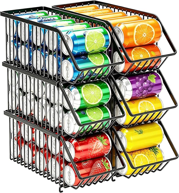 Stackable Soda Can Organizer Rack, Stacking Can Dispensers Refrigerator Organizer Bins Pop Soda Dispenser Canned For Fridge, Freezer, Kitchen, Cabinets (Black, 6) by Boeetech