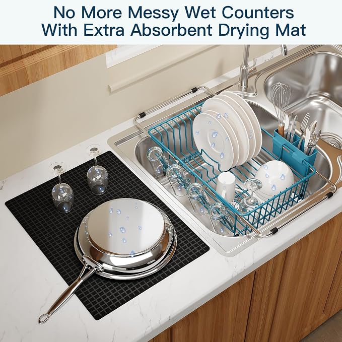 Blue Dish Drying Rack Over The Sink with Utensil Holder, Mat | Expandable Stainless Steel Dish Drainer for Small Kitchen, Apartment, RV, Counter Space Saving, Perfect Fit, Rustproof - Image 5