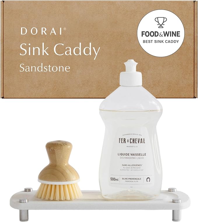 Dorai Home Stone Kitchen Sink Caddy - Diatomaceous Earth Sink Tray with Stainless Steel Feet, Water-Absorbing Countertop Organizer for Kitchen or Bathroom - Sandstone by DoraiHome