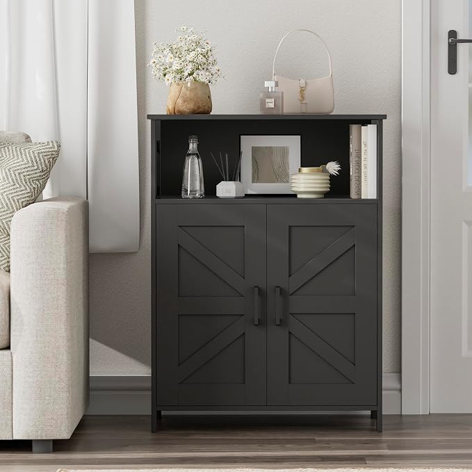 Homhedy Farmhouse Bathroom Storage Cabinet with Doors, Small Floor Cabinet | Toilet Paper Cabinet with Adjustable Shelf, Freestanding Storage Cabinet for Kitchen/Laundry/Living Room, 24"W, Black - Image 8