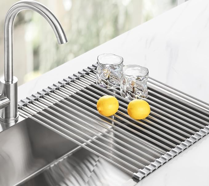 Tomorotec Roll Up Dish Drying Rack Over Sink, 304 Steel, 21x15.5, Grey | Anti-Slip Silicone Rims For Grip, Heat-Resistant Trivet Mat Holding Heavy Cookware, Rustproof Kitchen Counter Space Saver - Image 8