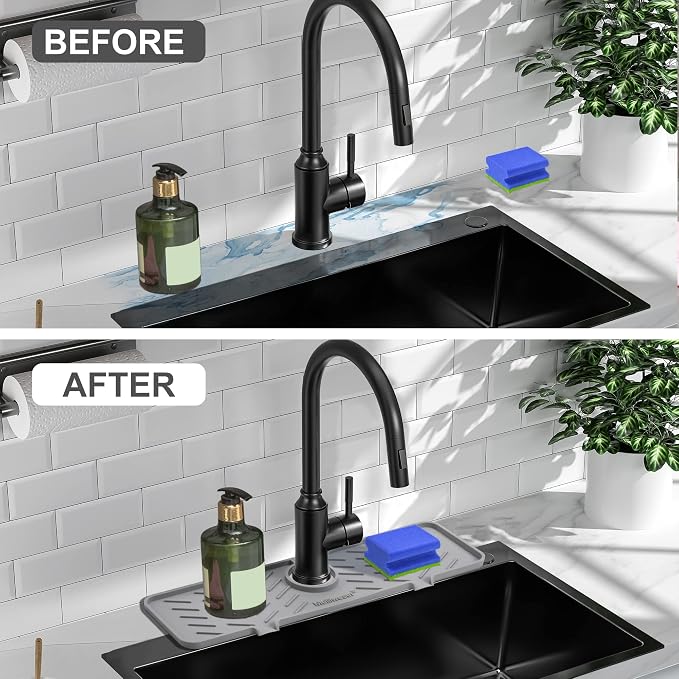 Silicone Faucet Mat for Kitchen Sink – Gen 2 Splash Guard with Upgraded Outlet & Slope – 18” x 5.1” Water Catcher & Sink Sponge Holder for Kitchen and Bathroom (Gray) - Image 5