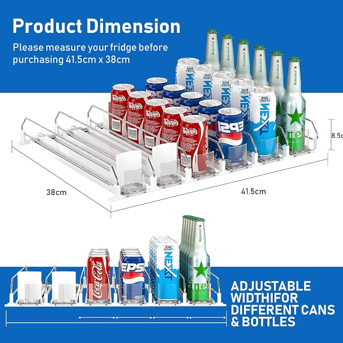 Drink Organizer for Fridge, Soda Can Organizer Dispenser for Refrigerator with Automatic Pusher Glide, Width Adjustable Clear Dividers Can Holder for 25 Cans, 15''D x16.6''W, 5 Rows - Image 3