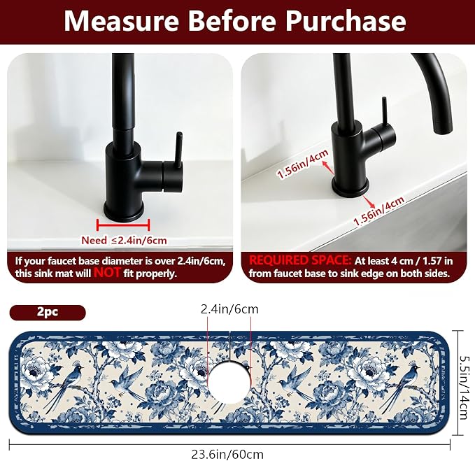 2 Pcs Kitchen Sink Splash Guard Faucet Mat Vintage Porcelain Flowers and Birds Pattern Faucet Mat for Sinks Absorbing Drying Mat for Kitchen Bathroom, 23.6x5.5inch - Image 2