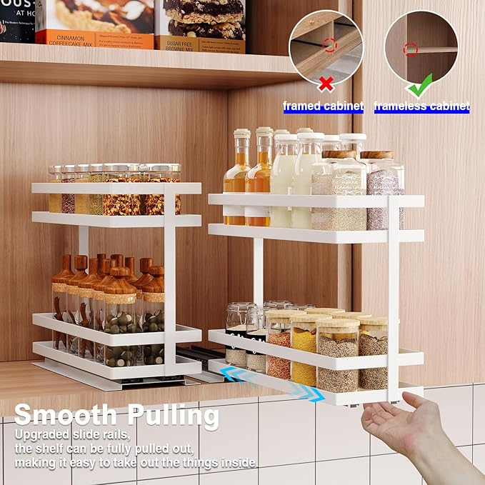 Mustorn 4 Pack Pull Out Spice Rack Organizer for Cabinet, 2 Tier Metal Slide Out Seasoning Organizer and Storage Heavy Duty Vertical Spice Rack Shelf Pullout for Kitchen Cabinets No Drilling (White) - Image 2